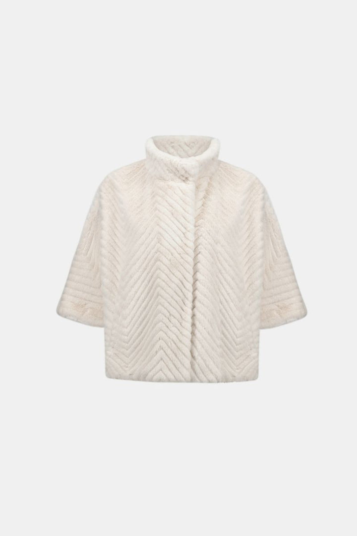 Joseph Ribkoff Cream chevron faux fur cape jacket front ghost view