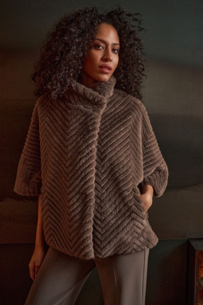 Chevron Faux Fur Cape-Style Jacket  in Mink Joseph Ribkoff 263917