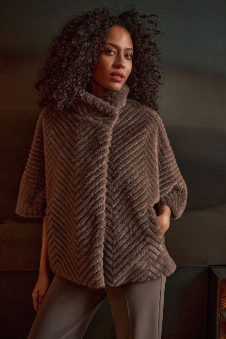 Joseph Ribkoff mink chevron faux fur cape jacket front view