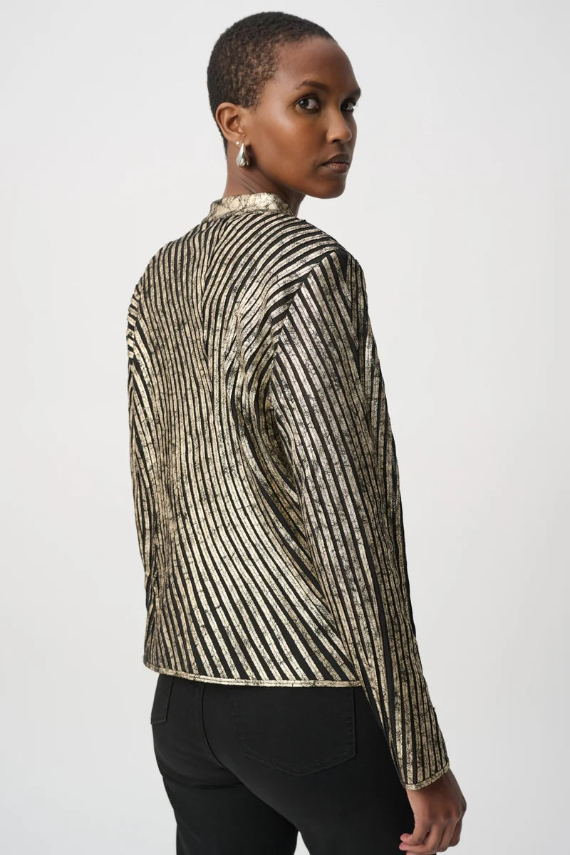 Joseph Ribkoff 264908 metallic mesh soutache jacket, back view showing directional soutache detailing and fitted silhouette.