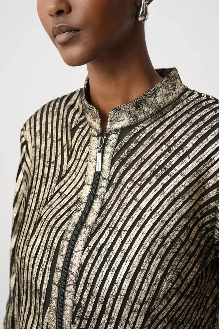 Joseph Ribkoff 264908 metallic mesh soutache jacket product view showing mock neckline, long sleeves and centre-front zipper.