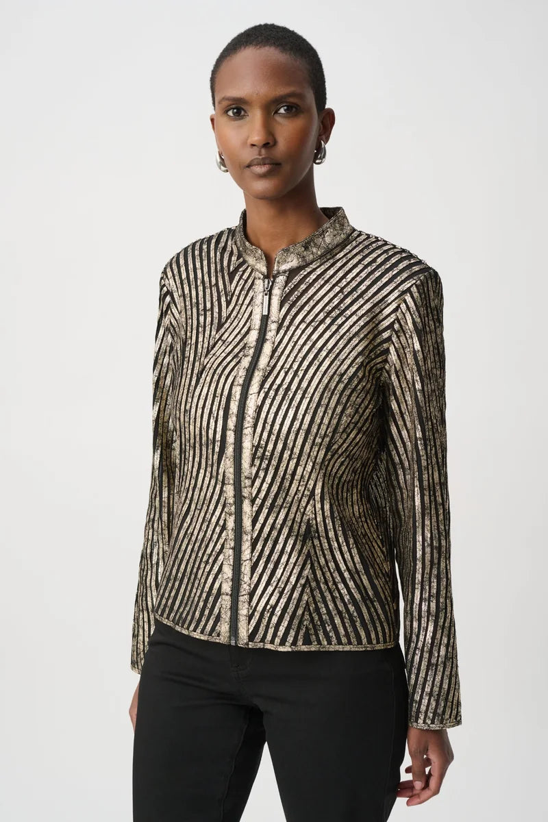Joseph Ribkoff 264908 metallic mesh soutache jacket, front view showing mock neckline, centre zip and geometric metallic detailing.