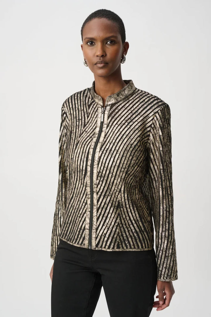 Joseph Ribkoff 264908 metallic mesh soutache jacket, front view showing mock neckline, centre zip and geometric metallic detailing.