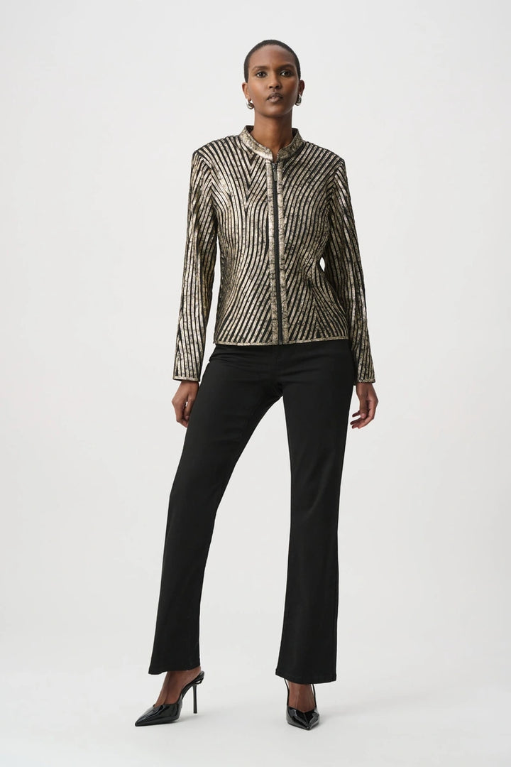 Joseph Ribkoff 264908 metallic mesh soutache jacket styled with black trousers, full-length front view.