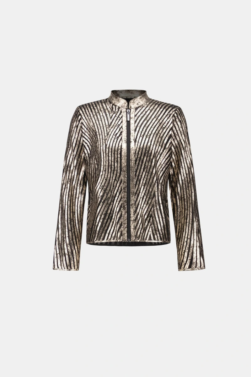 Joseph Ribkoff 264908 metallic mesh soutache jacket close-up showing metallic printed mesh, soutache appliqué and zip neckline.