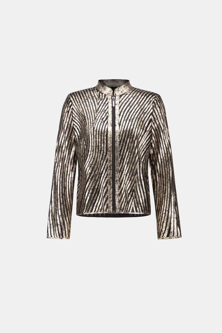 Joseph Ribkoff 264908 metallic mesh soutache jacket close-up showing metallic printed mesh, soutache appliqué and zip neckline.