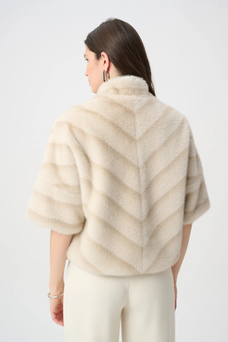 Joseph Ribkoff Chevron Faux Fur Jacket 264946 in Beige/Almond, back view showing chevron faux fur pattern