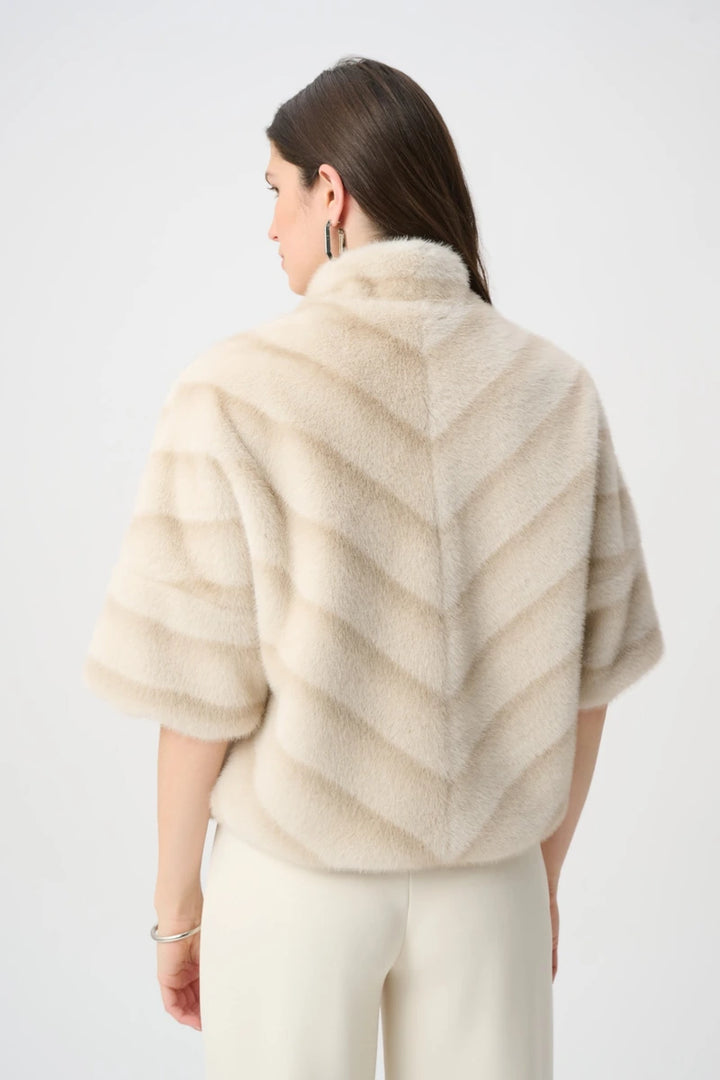 Joseph Ribkoff Chevron Faux Fur Jacket 264946 in Beige/Almond, back view showing chevron faux fur pattern