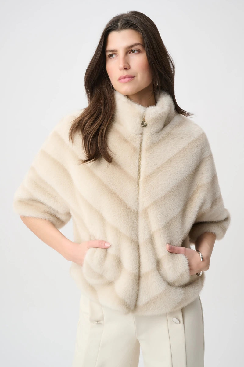 Joseph Ribkoff Chevron Faux Fur Jacket 264946 in Beige/Almond, front view showing funnel neckline and slash pockets
