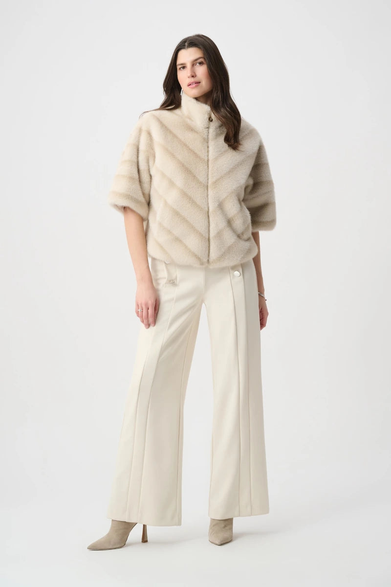 Joseph Ribkoff Chevron Faux Fur Jacket 264946 in Beige/Almond, full-length styling view with cream trousers
