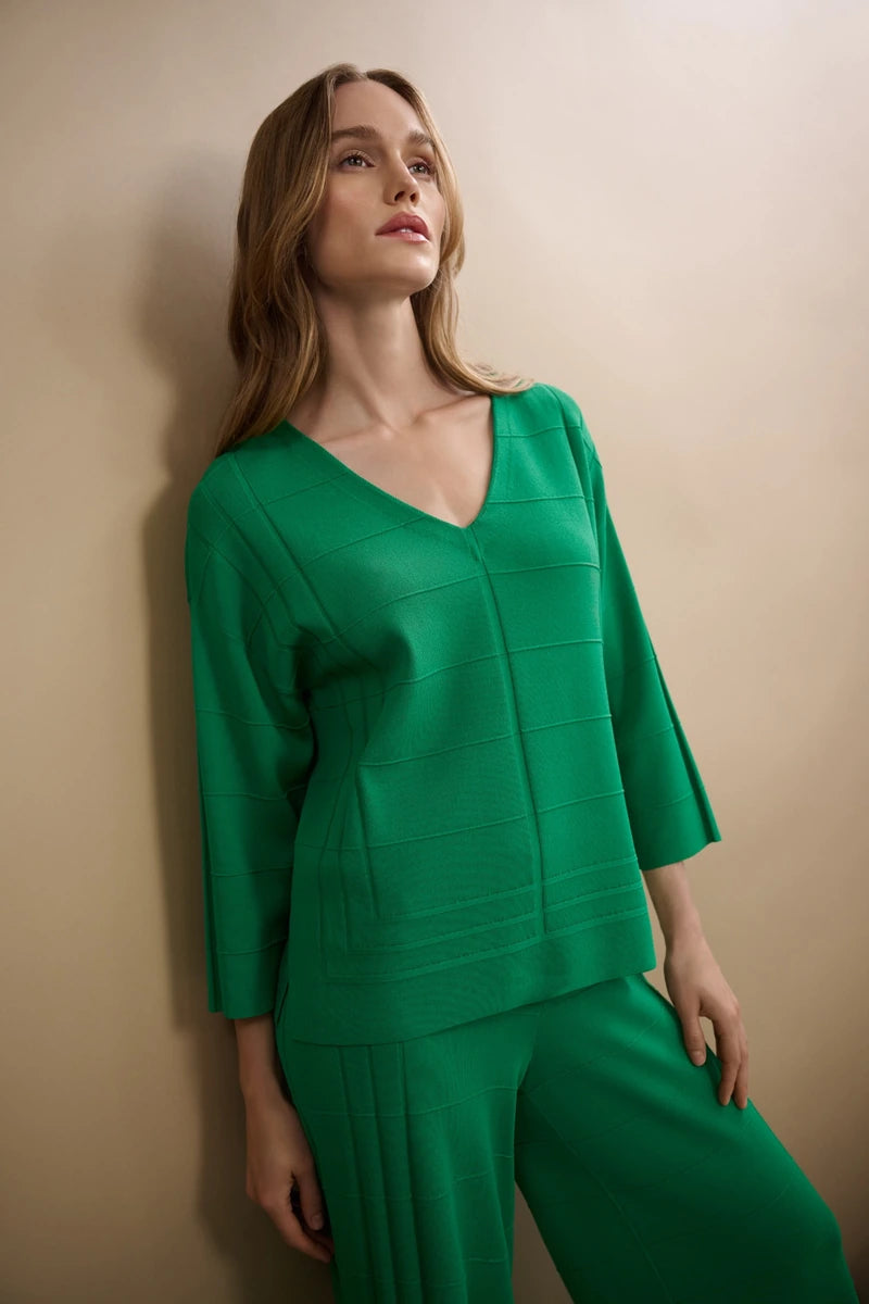 Joseph Ribkoff Textured V-Neck Sweater 271954 in Botanical Green, editorial styled view