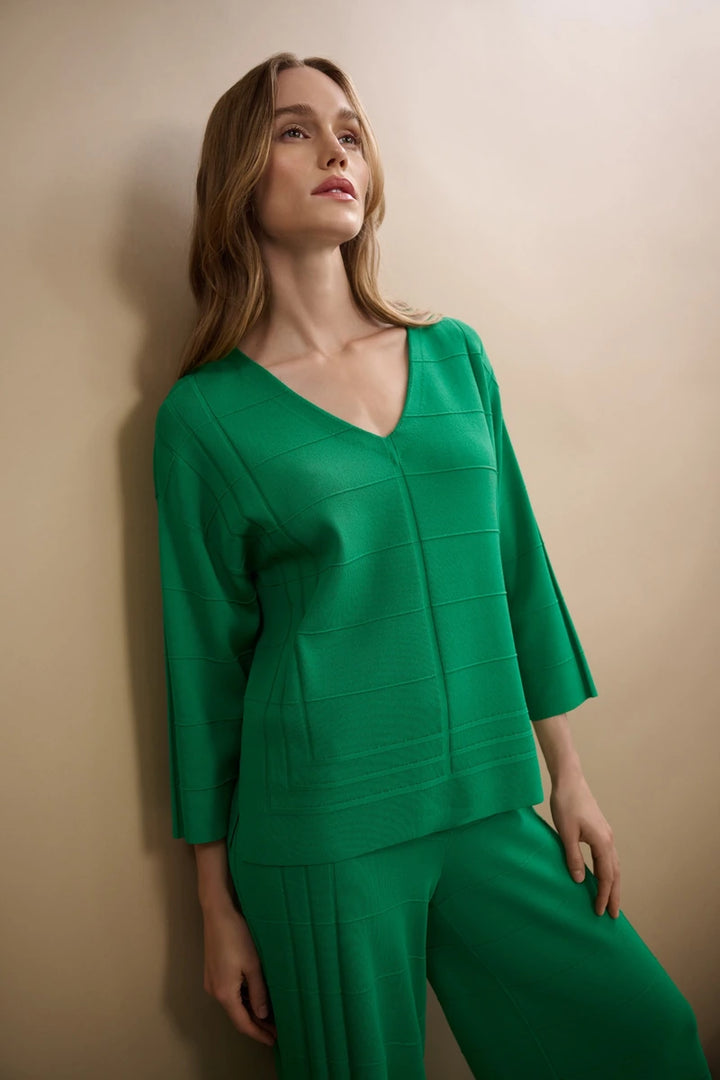 Joseph Ribkoff Textured V-Neck Sweater 271954 in Botanical Green, editorial styled view