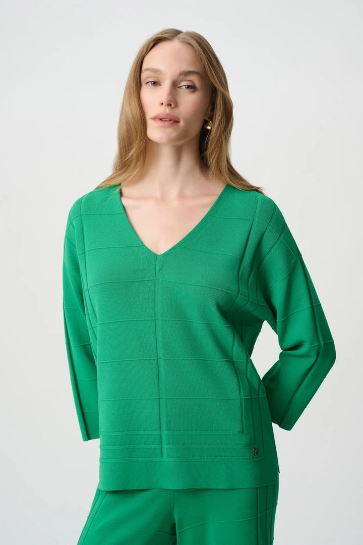 Joseph Ribkoff Textured V-Neck Sweater 271954 in Botanical Green, front detail view