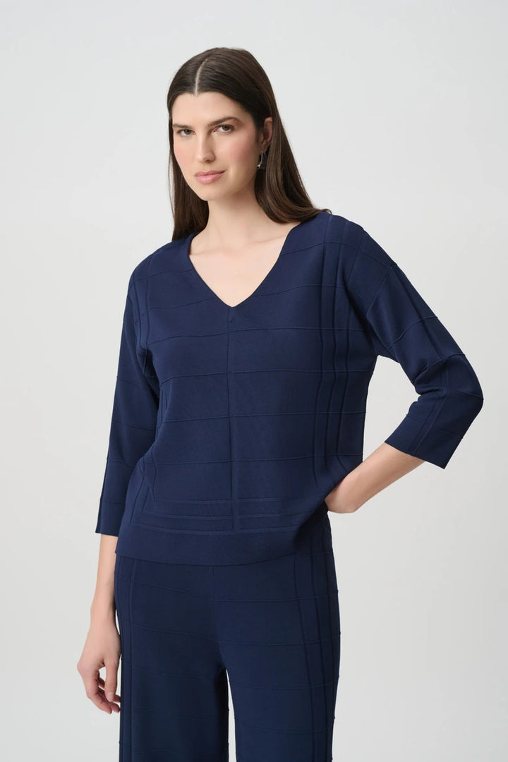 Joseph Ribkoff Textured V-Neck Sweater 271954 in Indigo, front detail view