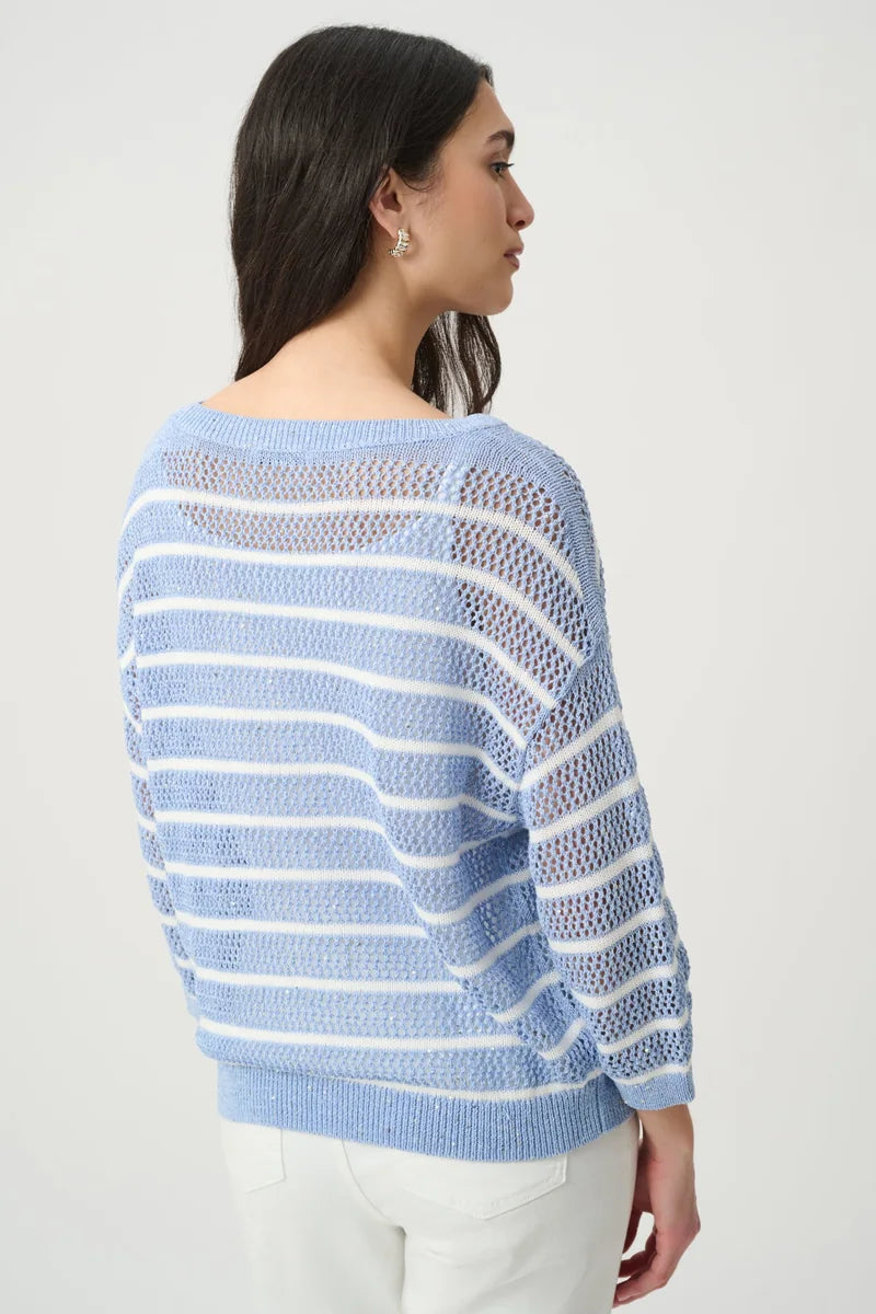 Joseph Ribkoff Cotton Blend Striped Sequin Sweater 271956 in Cornflower Vanilla, back view