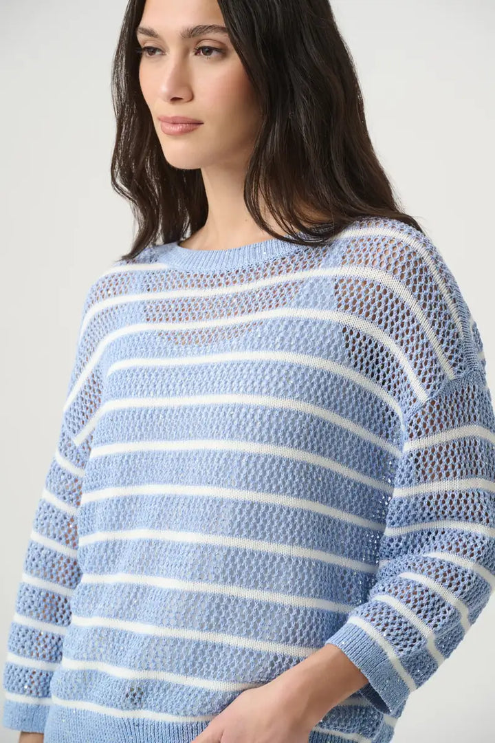Joseph Ribkoff Cotton Blend Striped Sequin Sweater 271956 in Cornflower Vanilla, open-stitch sequin knit detail
