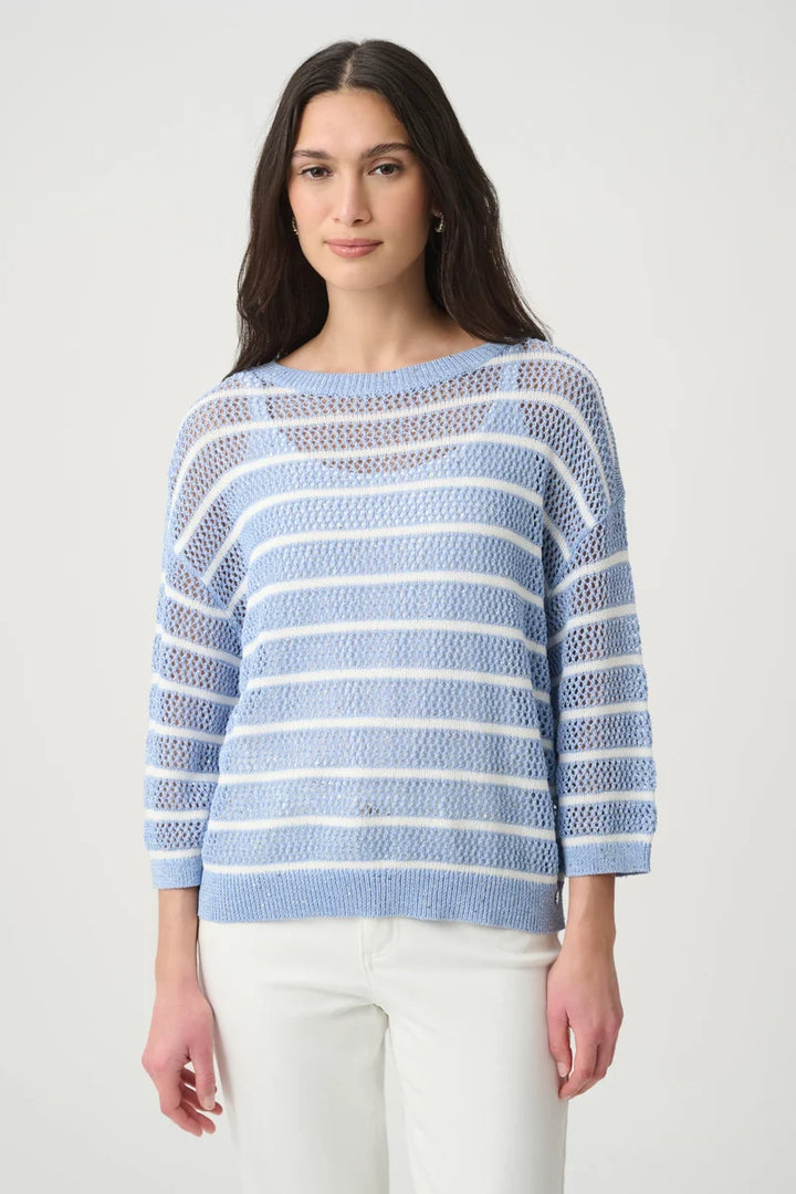 Joseph Ribkoff Cotton Blend Striped Sequin Sweater 271956 in Cornflower Vanilla, front view