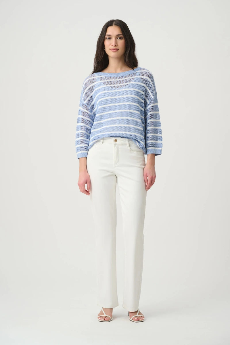 Joseph Ribkoff Cotton Blend Striped Sequin Sweater 271956 in Cornflower Vanilla, full-length styled view
