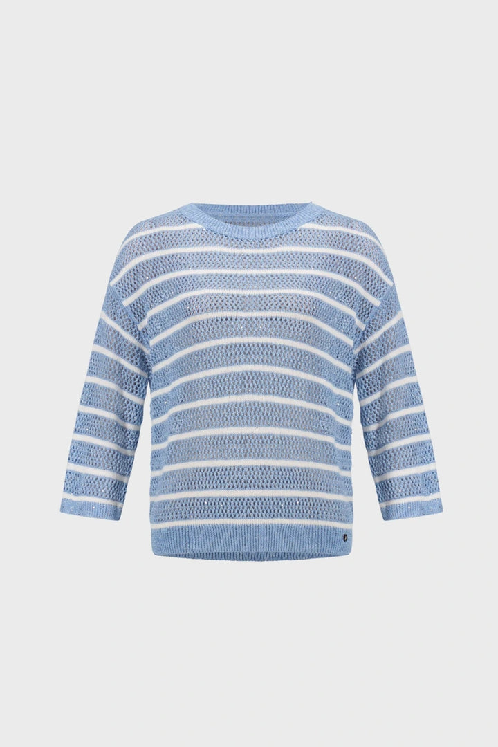 Joseph Ribkoff Cotton Blend Striped Sequin Sweater 271956 in Cornflower Vanilla, product front view