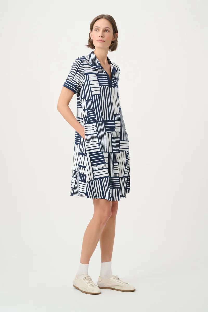 Joseph Ribkoff Geometric Print Polo Trapeze Dress Navy/White 271635