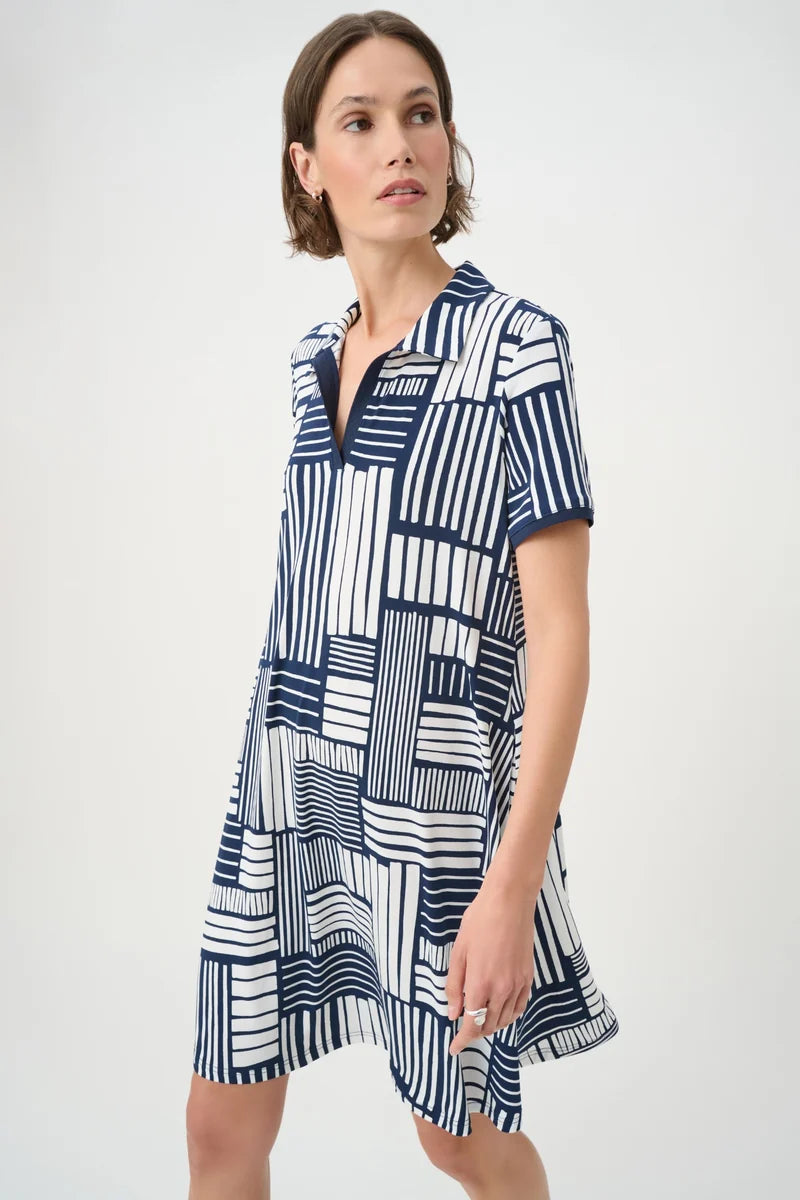 Joseph Ribkoff 271635 Geometric Print Polo Trapeze Dress navy white three quarter view showing trapeze silhouette