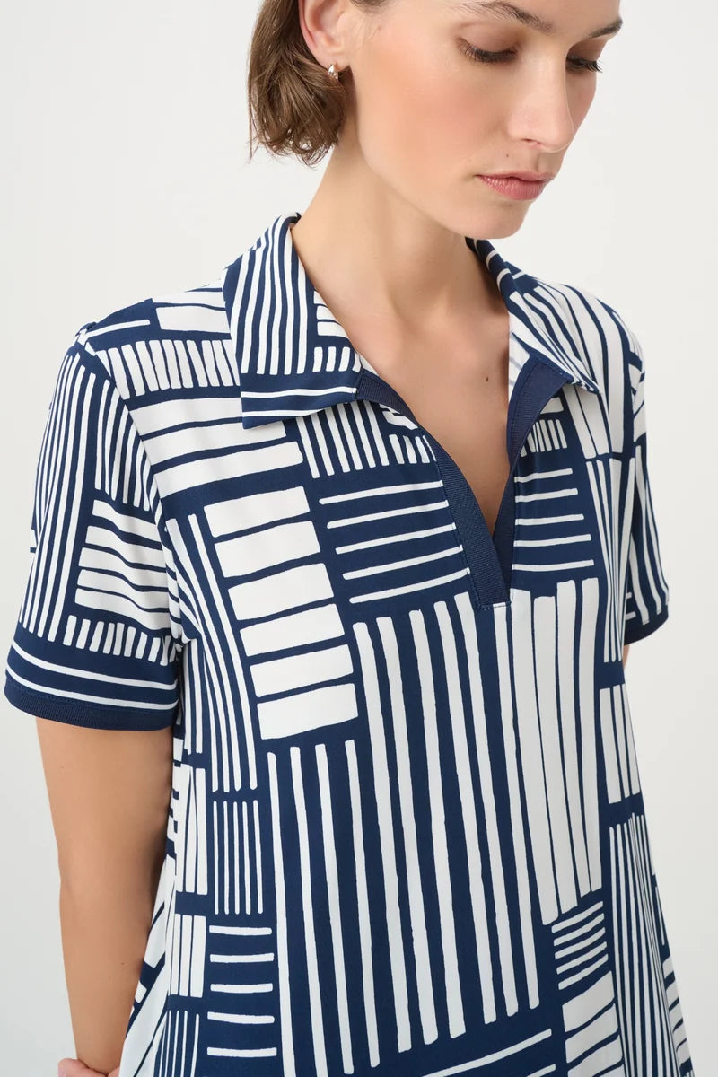 Joseph Ribkoff 271635 Geometric Print Polo Trapeze Dress navy white close view of ribbed polo collar and short sleeves