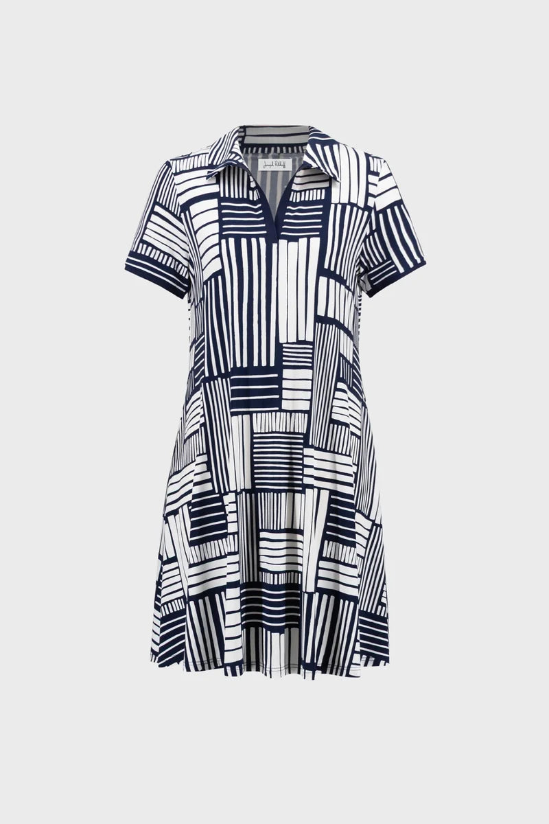 Joseph Ribkoff 271635 Geometric Print Polo Trapeze Dress navy white flat lay showing trapeze shape