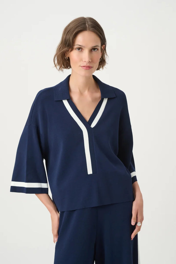 Joseph Ribkoff Stripe Trim Polo Top Indigo/Vanilla 271630 front view of Indigo sweater knit with Vanilla striped trim