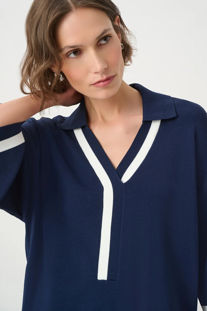 Joseph Ribkoff Stripe Trim Polo Top Indigo/Vanilla 271630 collar close-up showing Vanilla trim on Indigo knit