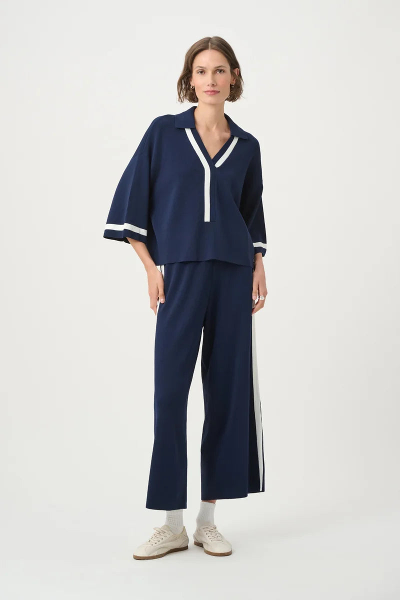 Joseph Ribkoff Stripe Trim Polo Top Indigo/Vanilla 271630 full outfit view with matching indigo trousers
