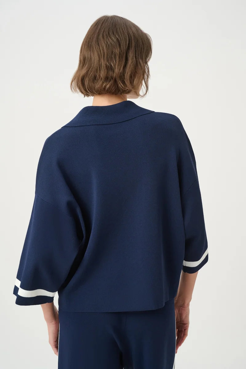 Joseph Ribkoff Stripe Trim Polo Top Indigo/Vanilla 271630 back view with kimono sleeves and Vanilla cuff bands