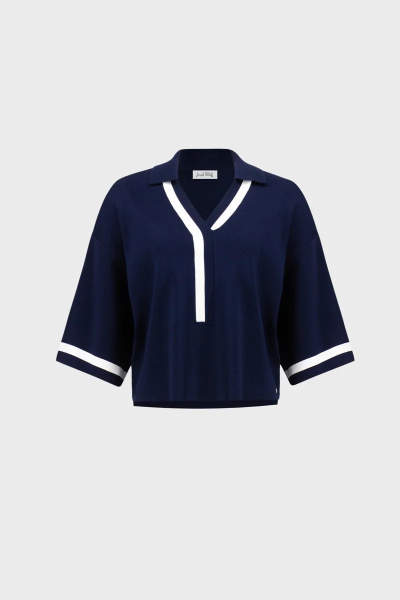 Joseph Ribkoff Stripe Trim Polo Top Indigo/Vanilla 271630 product-only front view showing polo collar and contrast cuffs