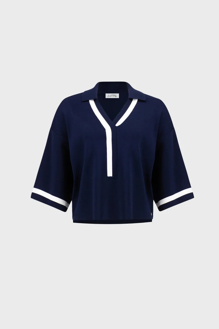 Joseph Ribkoff Stripe Trim Polo Top Indigo/Vanilla 271630 product-only front view showing polo collar and contrast cuffs