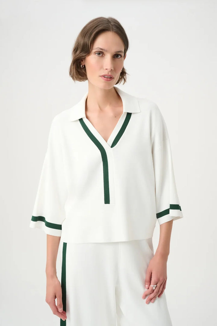 Joseph Ribkoff Stripe Trim Polo Top Vanilla/Vine Green 271630 front view showing polo V neckline and green striped trims