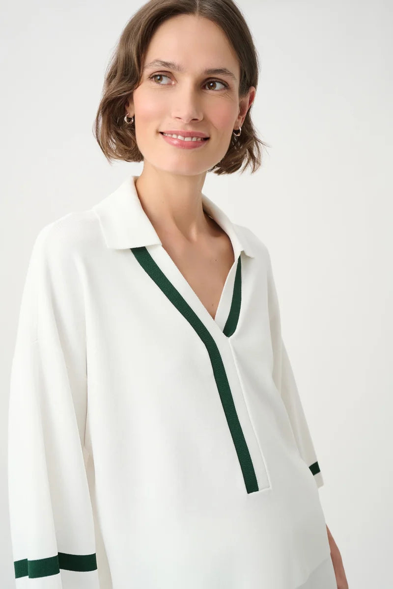 Joseph Ribkoff Stripe Trim Polo Top Vanilla/Vine Green 271630 close view of green-trimmed polo collar and knit fabric