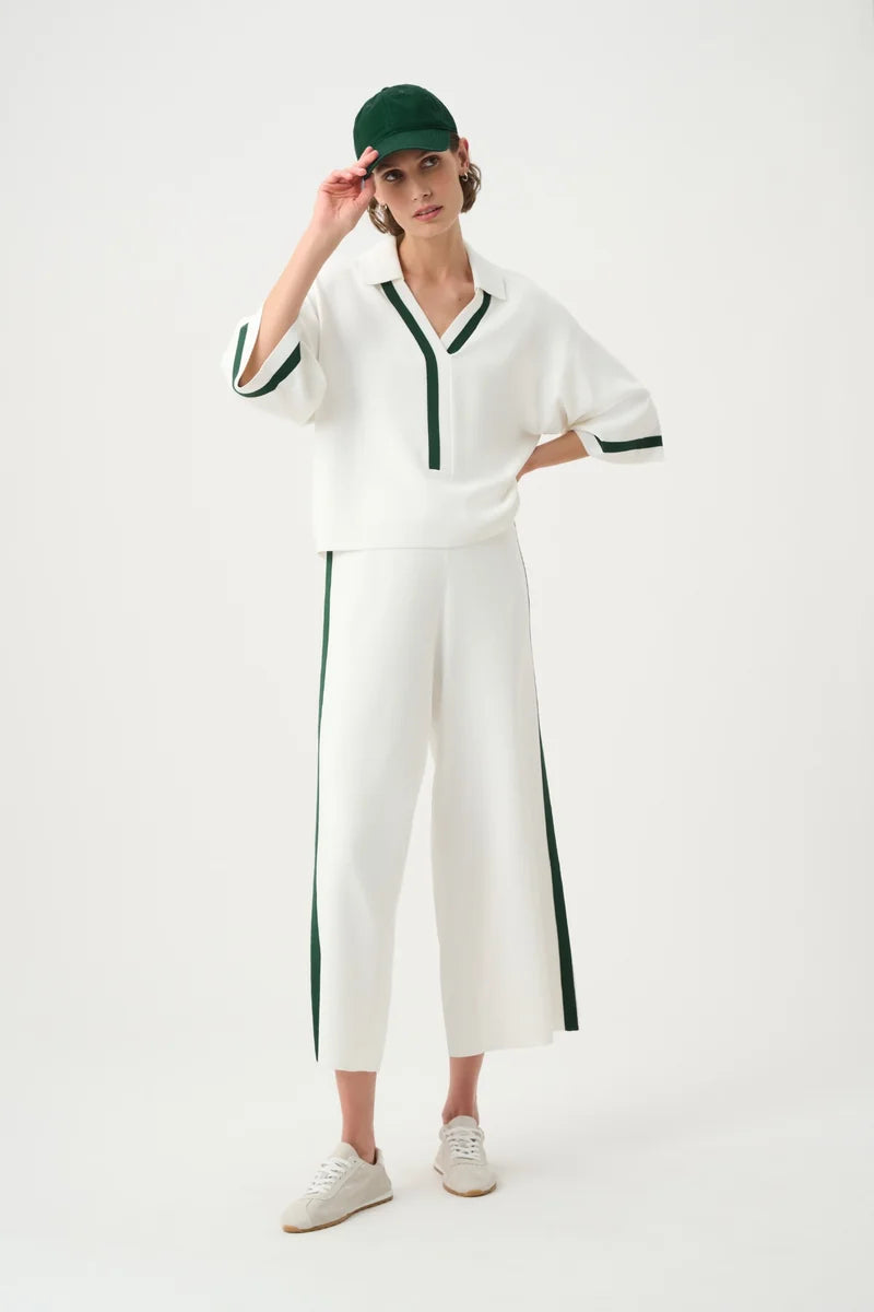 Joseph Ribkoff Stripe Trim Polo Top Vanilla/Vine Green 271630 full outfit view with coordinating Vanilla and Vine Green pants