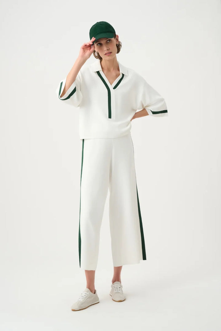 Joseph Ribkoff Stripe Trim Polo Top Vanilla/Vine Green 271630 full outfit view with coordinating Vanilla and Vine Green pants