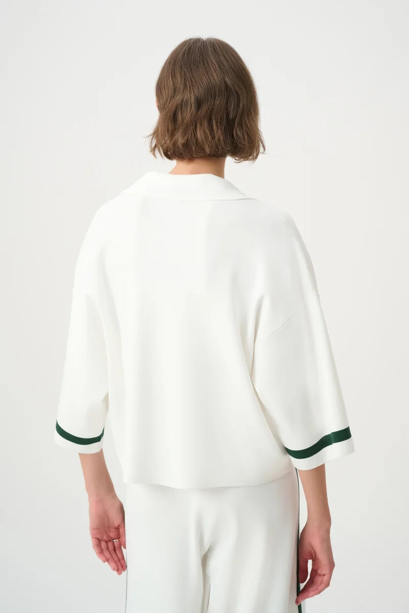 Joseph Ribkoff Stripe Trim Polo Top Vanilla/Vine Green 271630 back view showing loose kimono sleeves and hem