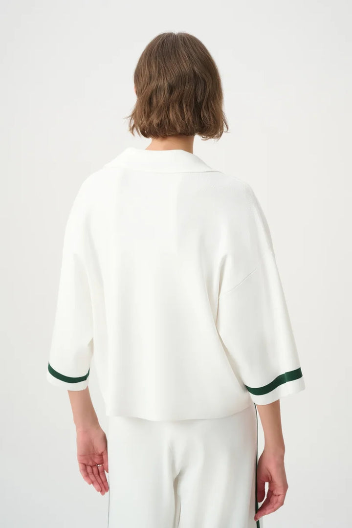 Joseph Ribkoff Stripe Trim Polo Top Vanilla/Vine Green 271630 back view showing loose kimono sleeves and hem