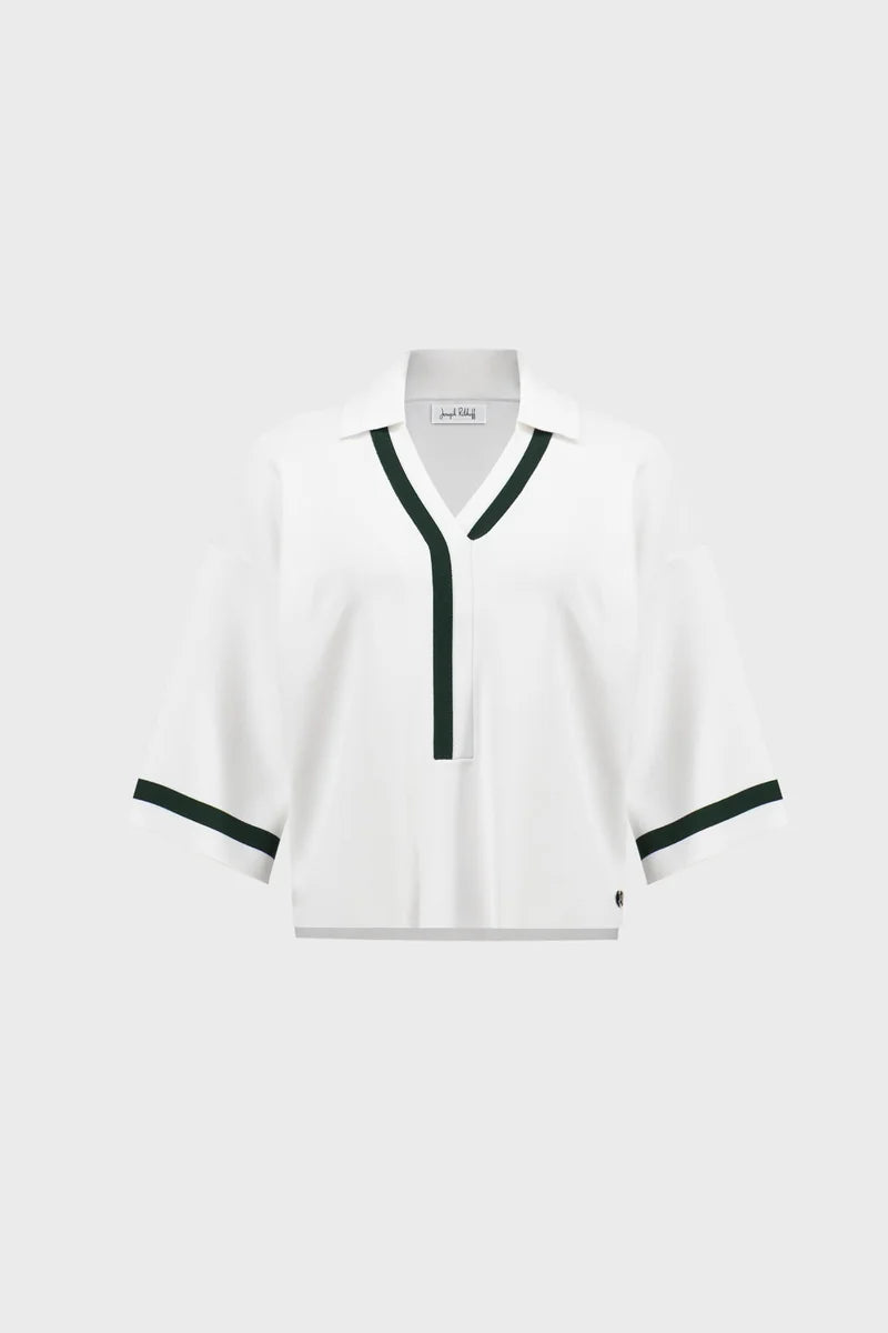 Joseph Ribkoff Stripe Trim Polo Top Vanilla/Vine Green 271630 product-only front view showing striped V neckline and sleeve cuffs