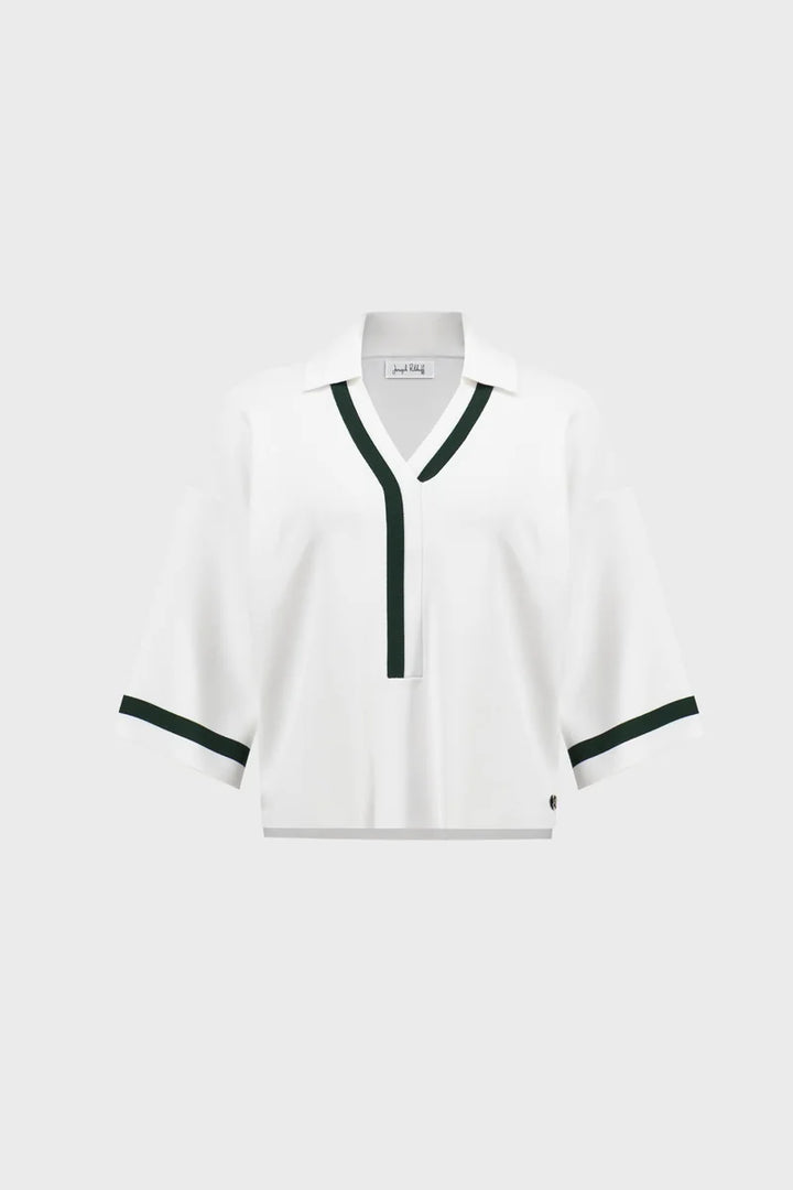 Joseph Ribkoff Stripe Trim Polo Top Vanilla/Vine Green 271630 product-only front view showing striped V neckline and sleeve cuffs