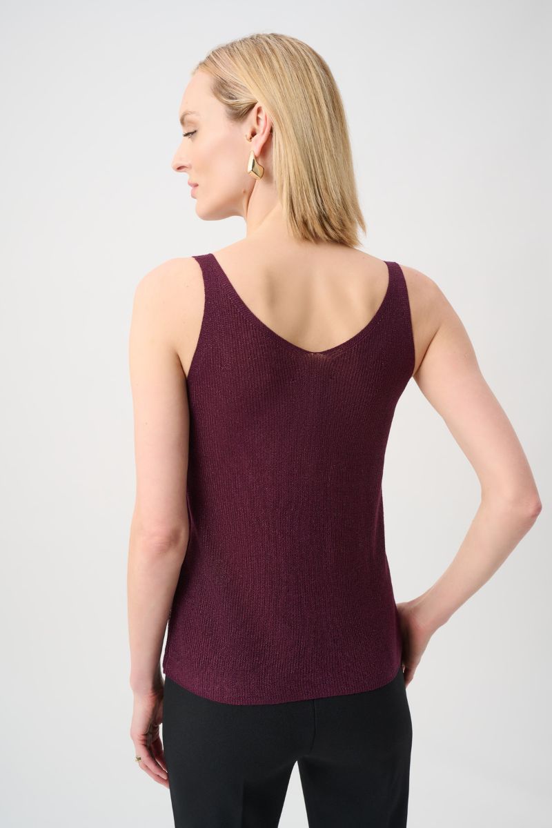Joseph Ribkoff Metallic Knit Camisole in Elderberry back view showing V-neckline 252915