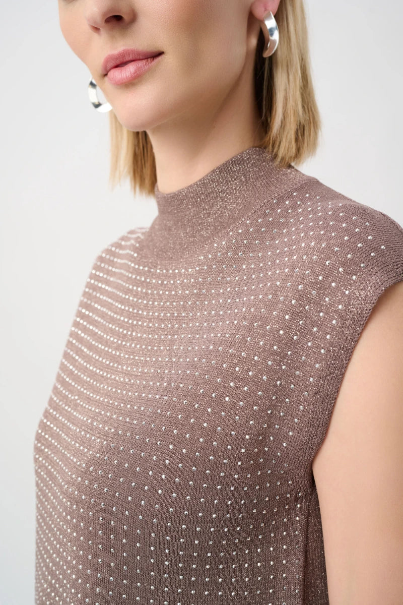 Woman wearing Sweater Knit Sleeveless Pullover with Iron-On Detail by Joseph Ribkoff closeup view
