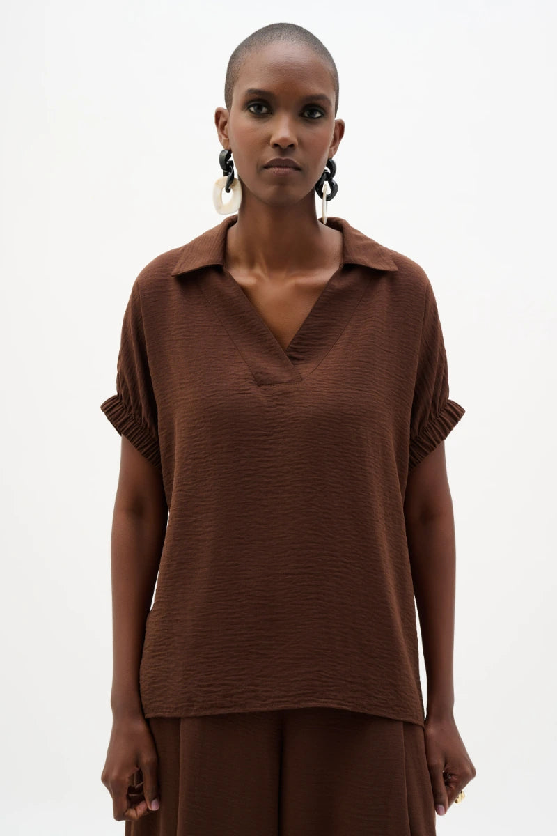 Woven Gauze Boxy Top With Shirred Sleeves in Mahogany by Joseph Ribkoff