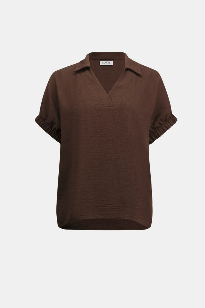 Woman wearing Woven Gauze Boxy Top With Shirred Sleeves in Mahogany by Joseph Ribkoff product view