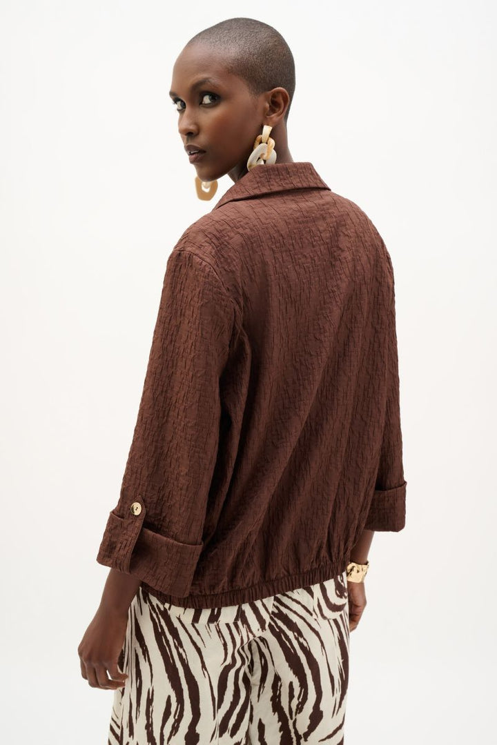 Woman wearing Textured Bomber Jacket in Mahogany by Joseph Ribkoff back