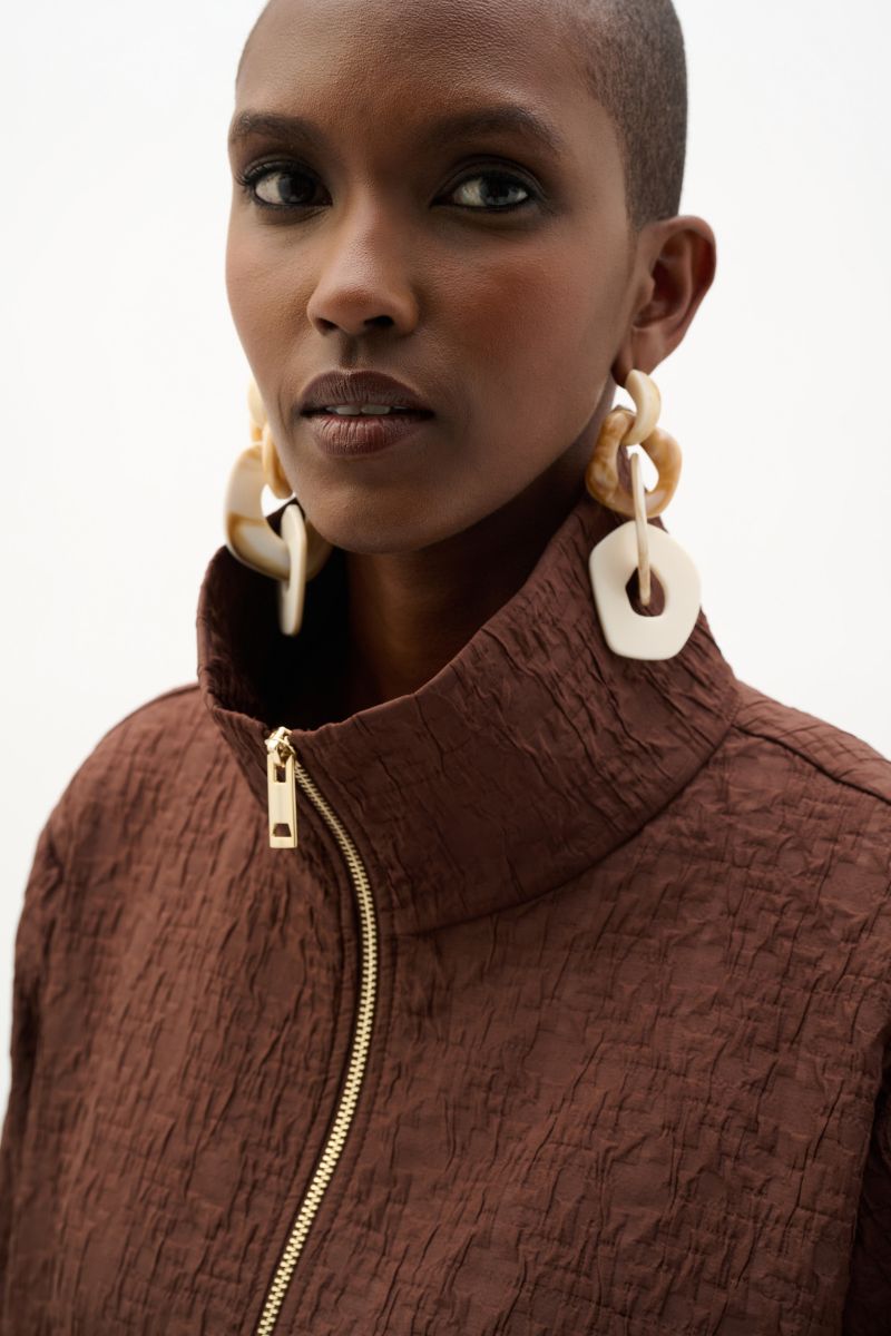 Woman wearing Textured Bomber Jacket in Mahogany by Joseph Ribkoff closeup