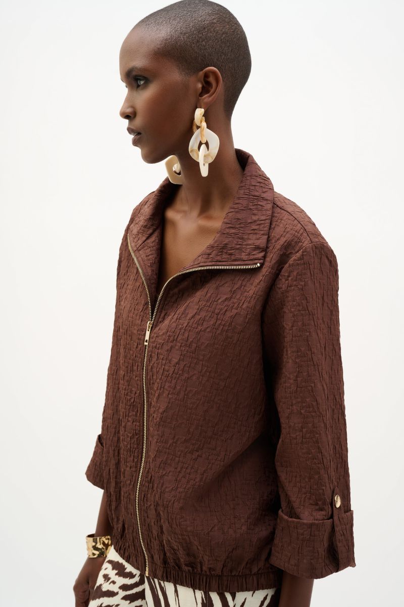 Woman wearing Textured Bomber Jacket in Mahogany by Joseph Ribkoff sid