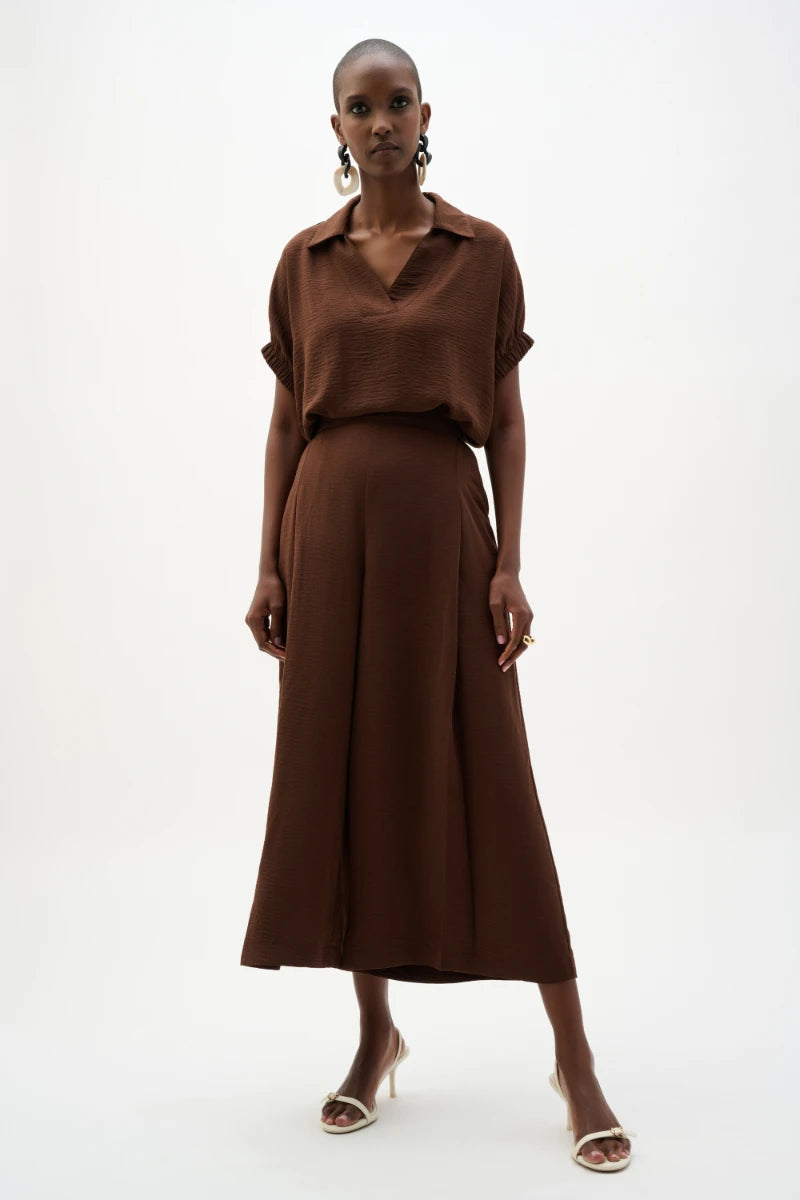 Woman wearing Gauze Pull-On Culotte Pants With Pleats in Mahogany by Joseph Ribkoff outfit view