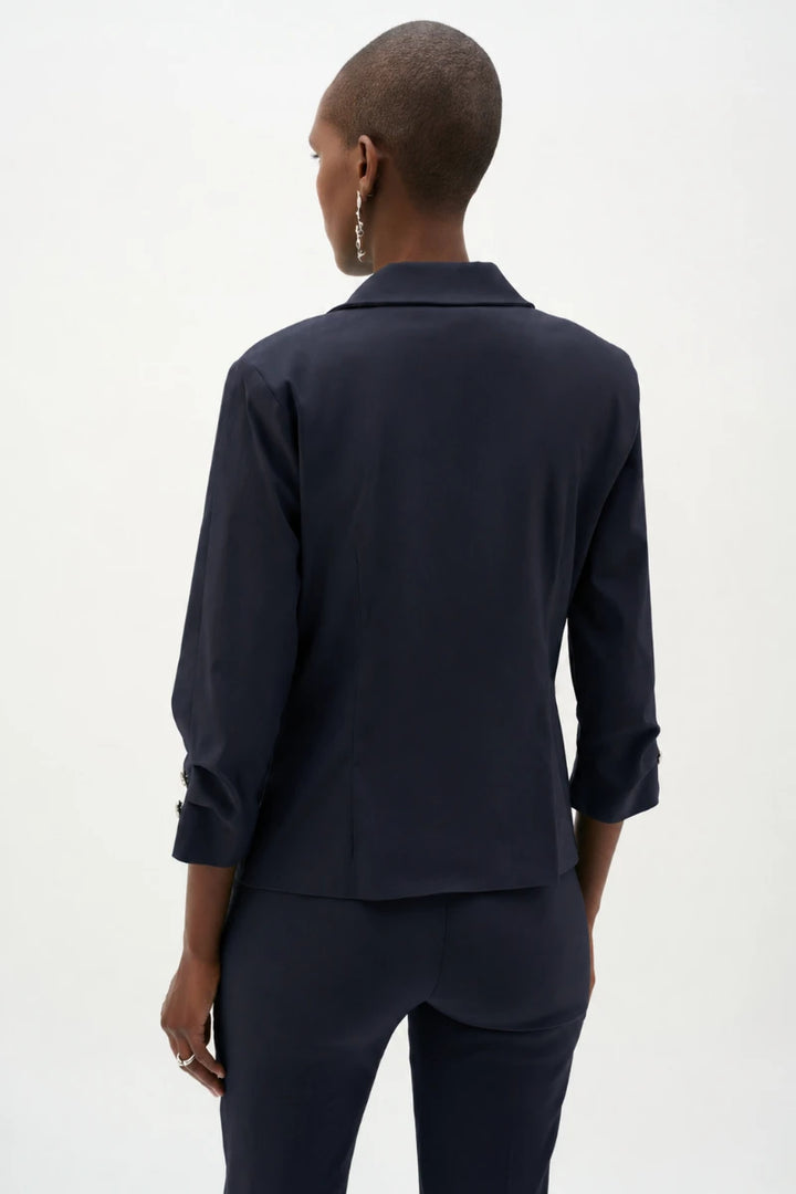Woman wearing Millennium Fitted Blazer With Statement Button in Midnight Blue by Joseph Ribkoff back view